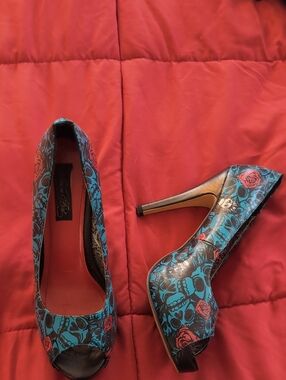 Iron Fist Size 10 Blue Floral Skull Peep-Toe High Heels